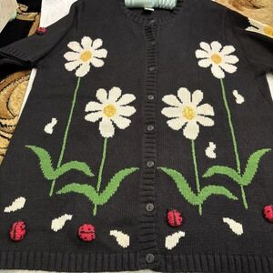 Quacker Factory Daisy / Ladybugs Knit Cardigan  Black Sweater Womens Size  Large